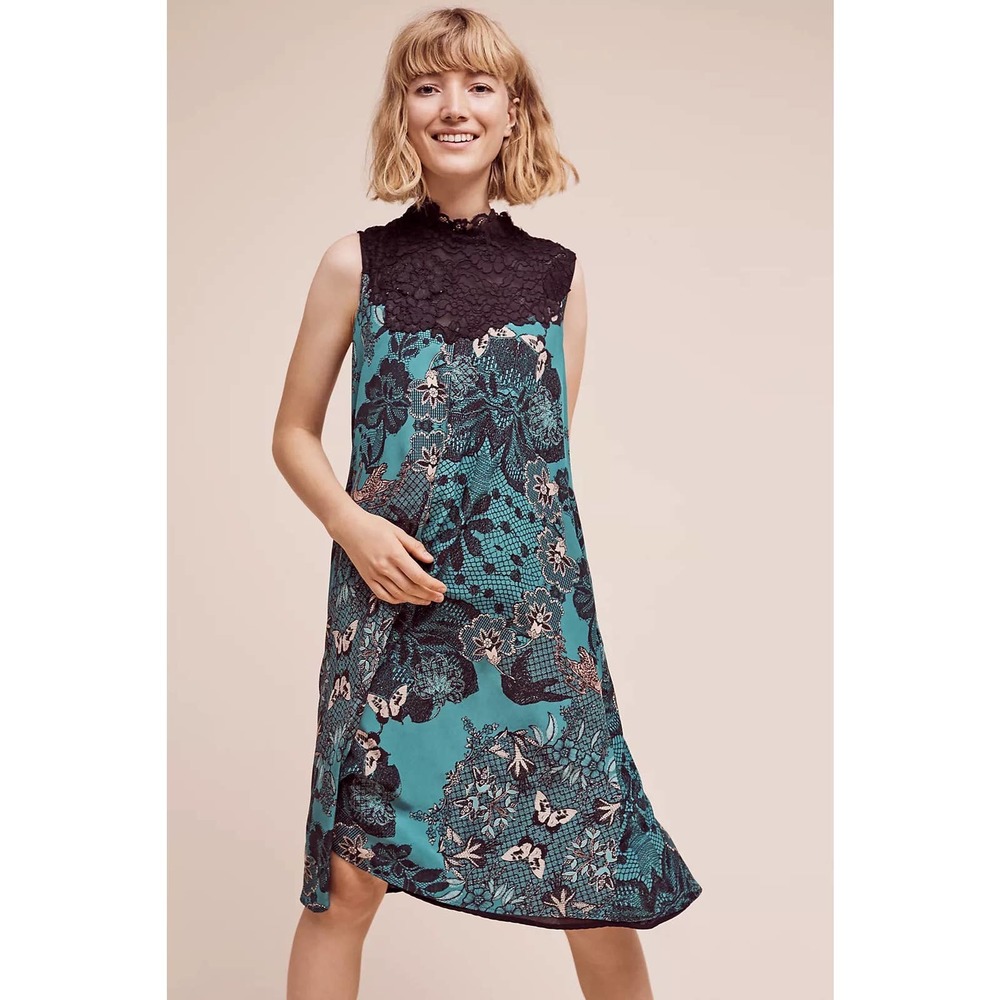 Anthropologie Maeve Swing Dress S Teal Butterfly Swan Lace High Neck Silk Rayon